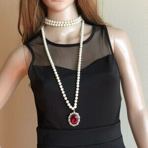Handmade Layered Glass Pearl Long Red Pendant Necklace